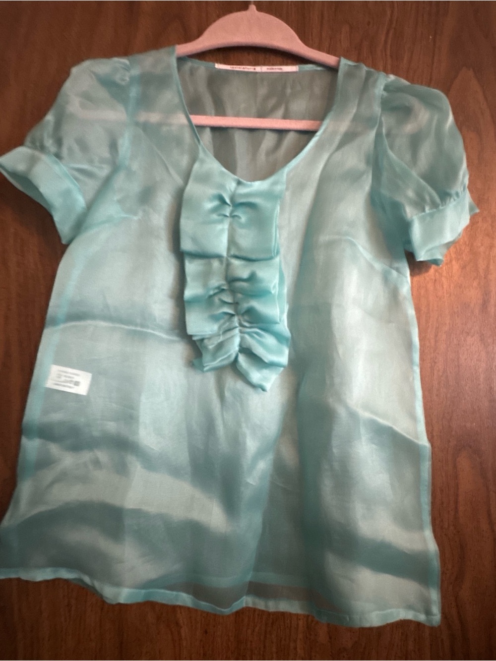 Sheer Ruffle Front Blouse - Light Aqua